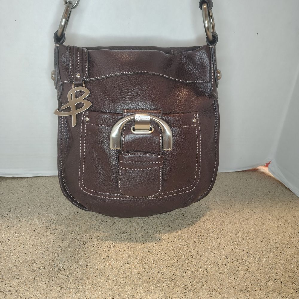 b. makowsky Dark Brown Leather Shoulder Bag with Silver Hardware